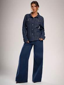 Avantive Striped Blue Denim Jacket Shirt Holiday Outfits For Women Casual Women Outfits - Dark Wash - View 6