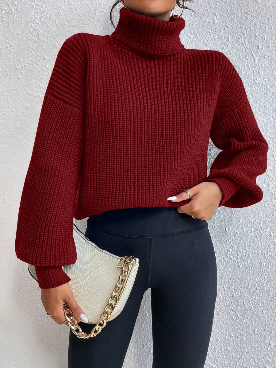 Celisse Casual Solid Color High Neck Dropped Shoulder Sweater, Autumn/Winter - Burgundy - View 1