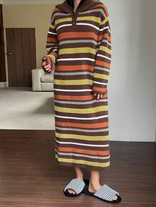 DAZY 女士宽松条纹针织连帽睡袍，冬季款，宽松睡裙 - 粉色 - 查看 3