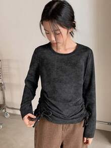 Dazy Kids Tween Girls Knit Crew Neck Long Sleeve T-Shirt, Fall Spring - Black - View 1