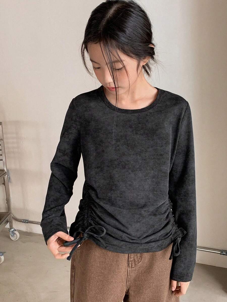 Dazy Kids Tween Girls Knit Crew Neck Long Sleeve T-Shirt, Fall Spring - Black - View 1