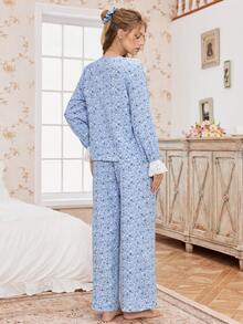 CottageSlumber Setelan Piyama Wanita Elegan Prancis Motif Bunga Kontras Warna Bordir Kerah Ruffle Lengan Panjang Atasan & Celana, Pakaian Musim Dingin - Biru - View 3