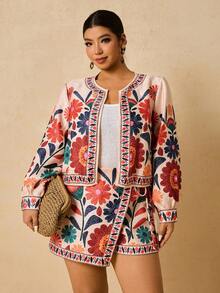 Travachic Conjunto de 2 peças de jaqueta e saia-calça plus size feminina com estampa floral damasco, roupa romântica para encontros de outono/inverno - Damasco - Ver 6