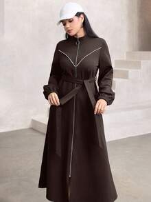 Graceveil Elegant Waist Cinched Long Sleeve Stand Collar Minimalist Design Slim Fit Casual Jacket, Autumn/Winter Dress With Zipper Open Abaya Modest Dress - Chocolate Brown - View 1