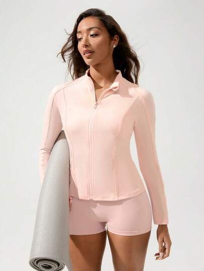 Fluxe Women's Light Pink Zip-Up Long Sleeve Top, Slim Fit Silhouette, High Collar For Chic Look, Soft Stretchy Fabric For All-Day Comfort, Breathable And Lightweight Design, Full Front Zipper For Easy Wear, Perfect For Active, Sports, And Casual Outfits