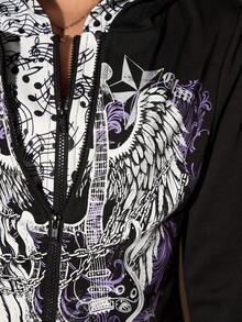 ROMWE Grunge Punk American Music Note & Electric Guitar Print Pullover Sweatshirt For Women - Black - View 2