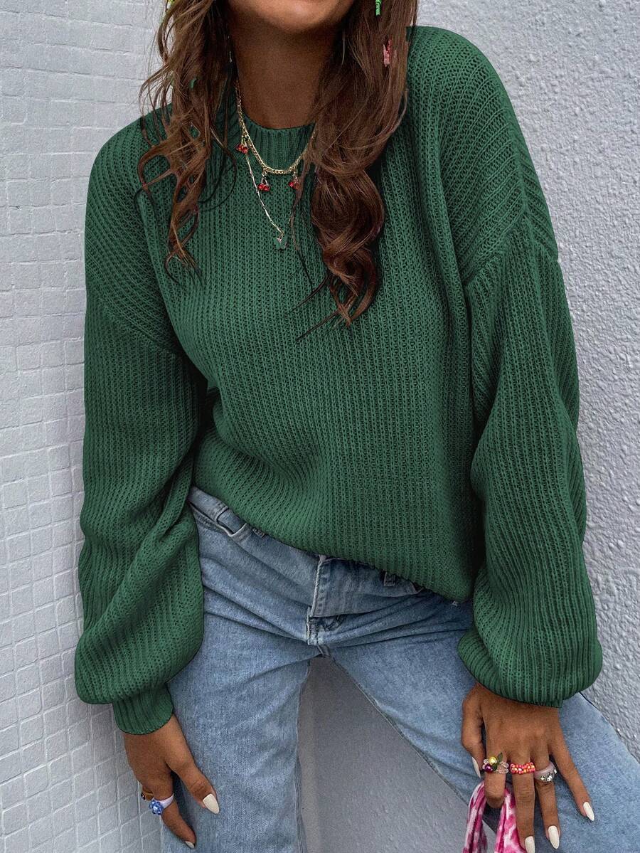 SHEIN LUNE Suéter de cuello redondo de unicolor, versátil y de manga larga - Verde - Ver 1