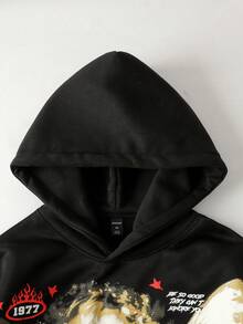 ROMWE MEN Street Life Men's Loose Fit Angel & Star Print Hoodie - Black - View 3
