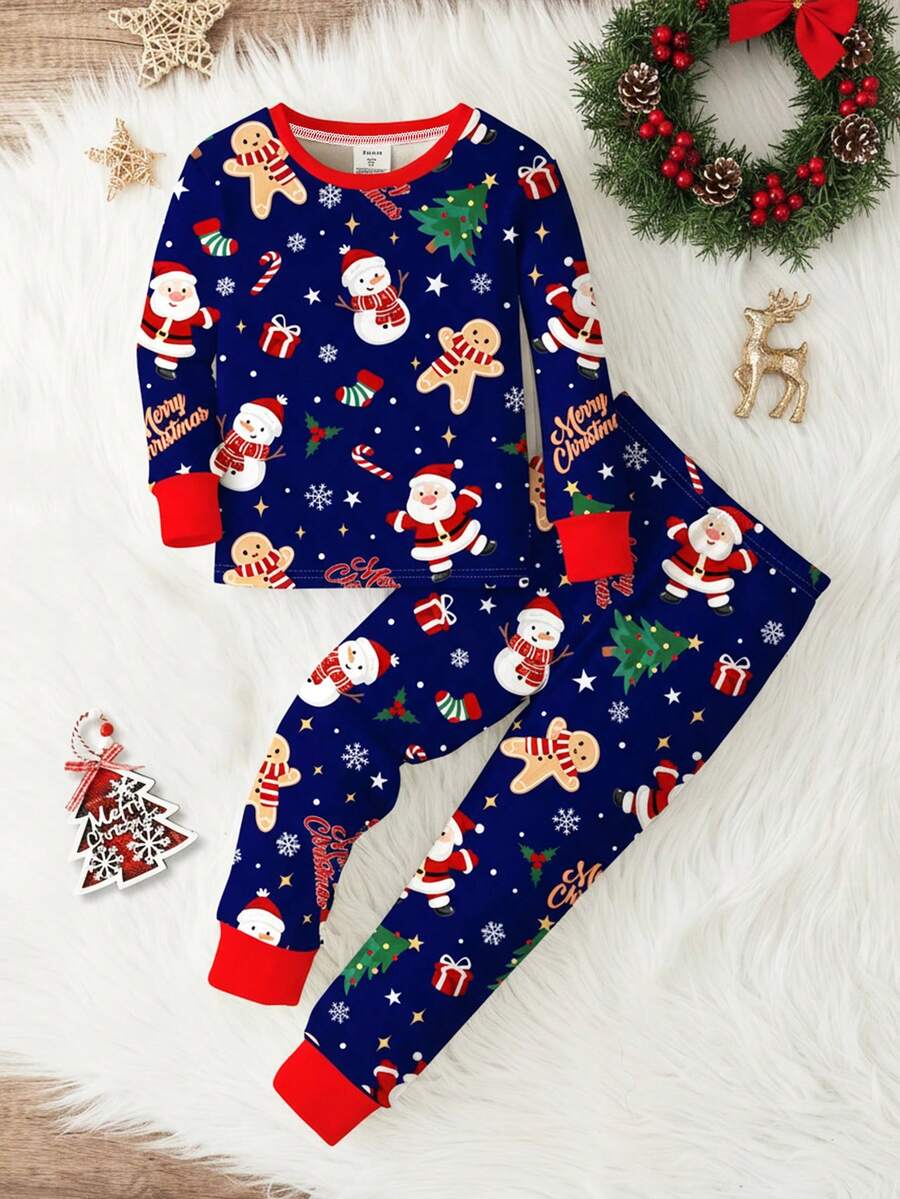 SHEIN Pijama de niño pequeño de ajuste ceñido con cuello redondo acogedor de manga larga, con diseños minimalistas clásicos de Navidad, como estrella, árbol de Navidad, dibujos animados y ciervos navideños, adecuado para otoño/invierno - Multicolor - Ver 1