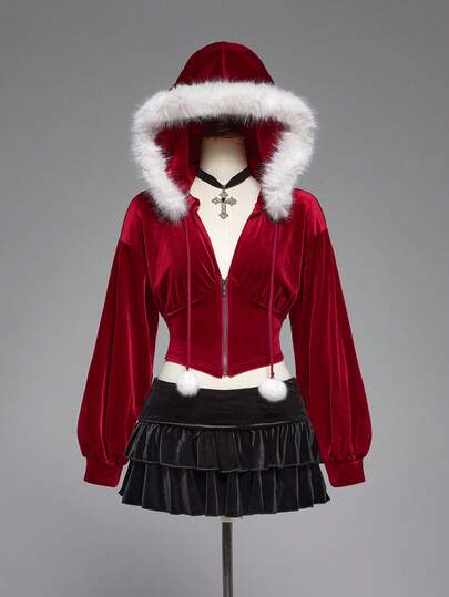 J-Fashion sweat-shirt à capuche court de style Y2K pour Noël pour femmes, patchwork blanc moelleux