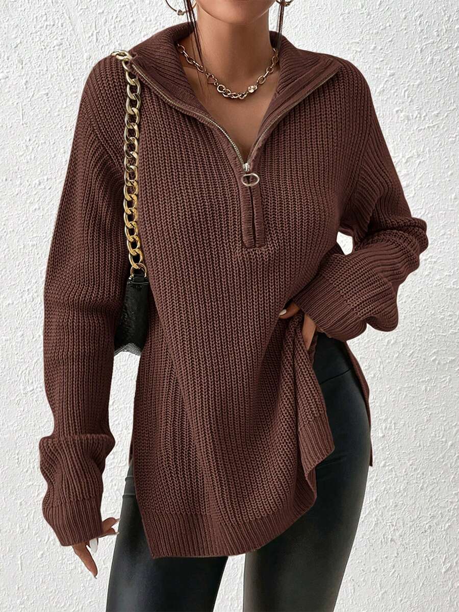 SHEIN Frenchy Áo len đen hạt kéo khóa nửa vai, áo dài tay cho mùa thu/đông - màu nâu - Xem 1