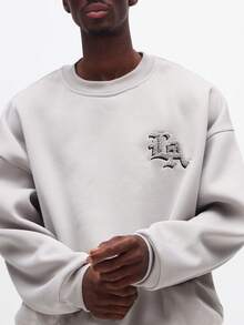 SUMWON 圆领长袖卫衣，饰有贴花设计，秋冬休闲套头衫，纯色 - 灰色 - 查看 4