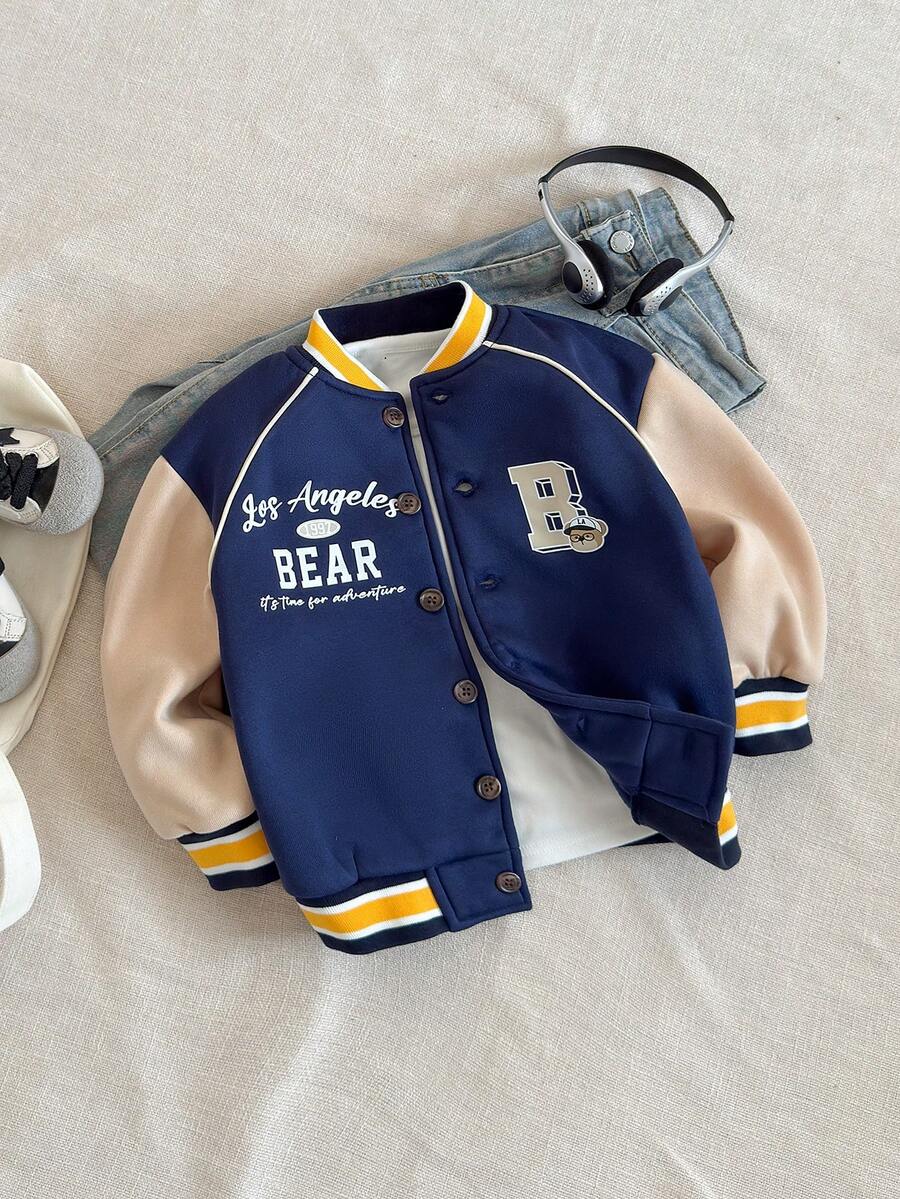 PrepCrw 男童复古字母图案前拉链棒球夹克，学院风 - 藍白色 - 查看 1