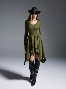 MYSTAURA Women's Solid Color Long Sleeve Asymmetric Hem Casual Mid-Length Dress - Green - View 3
