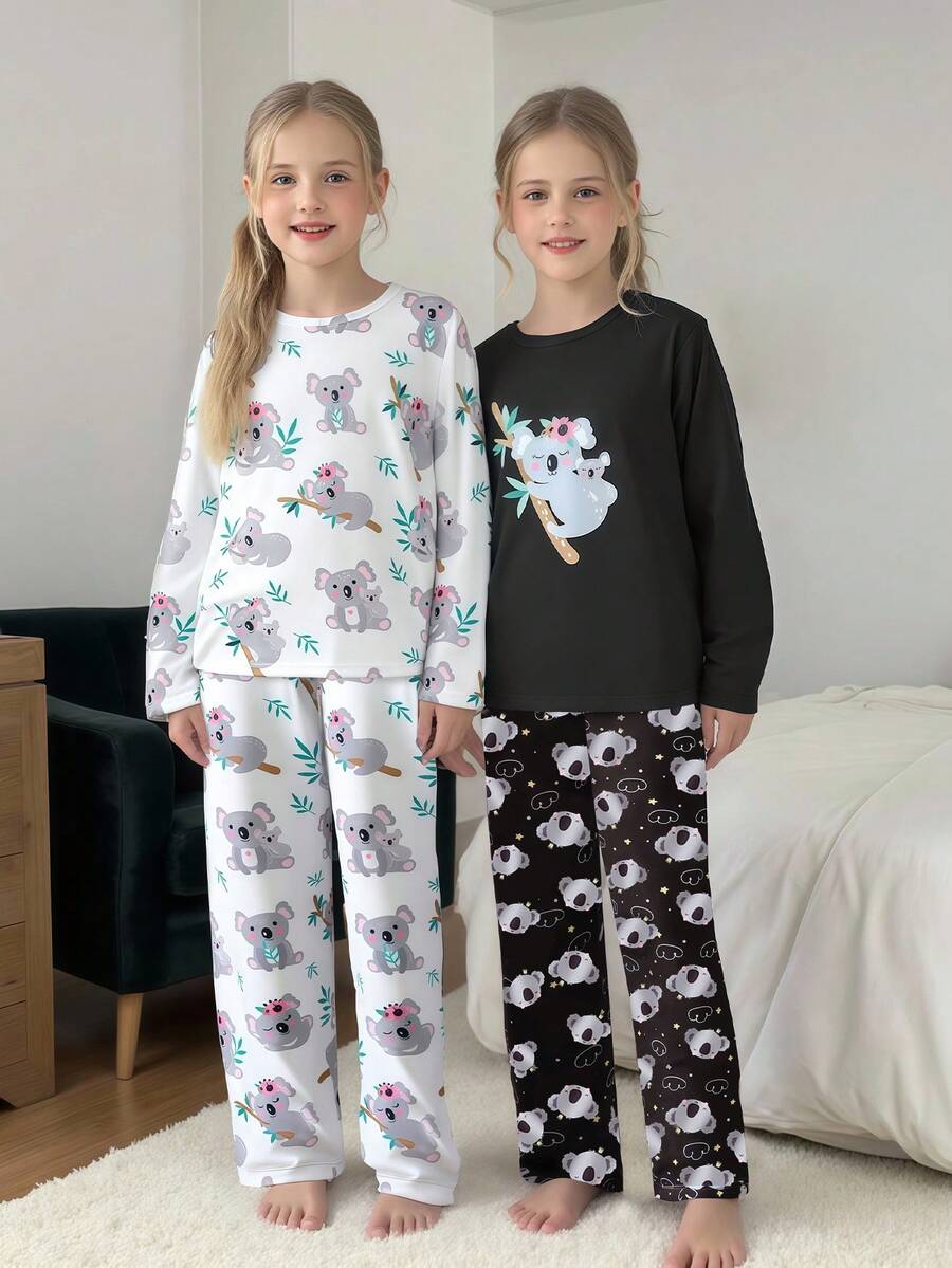 4件套女童考拉卡通印花长袖上衣和裤子舒适睡衣套装 - 彩色 - 查看 1