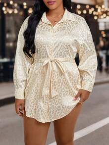 EMERY ROSE Plus Size Women's Champagne Leopard Print Shirt,Autumn Elegant Long Sleeve Drop Shoulder Tie Waist Top,Casual Loungewear For Night Out Club - Apricot - View 3