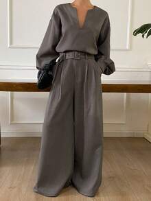 Livesso 2 pezzi Set casual da donna con top a scollo a V e pantaloni, outfit da pendolare, autunno/inverno - Grigio - Visualizzare 1