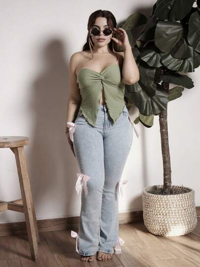 Lupita Cardoza 女士蓝色牛仔裤 Y2K 甜美蝴蝶结高弹力修身喇叭裤 夏季