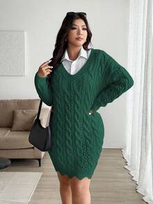 Vionelle Plus Size V-Neck Wavy Hem Drawstring Cable Knit Pattern Long Sleeve Sweater Dress, Solid Color, Casual, Autumn/Winter - Dark Green - View 4