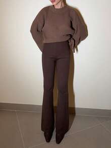 Abrilcols Minimalist Commute & Homewear Apricot High Waist Body-Con Flared Leg Knit Pants For Young Women In Fall/Winter - Coffee Brown - View 4