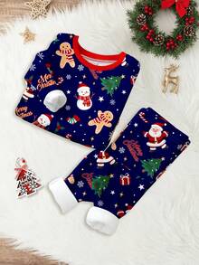 SHEIN Pijama de niño pequeño de ajuste ceñido con cuello redondo acogedor de manga larga, con diseños minimalistas clásicos de Navidad, como estrella, árbol de Navidad, dibujos animados y ciervos navideños, adecuado para otoño/invierno - Multicolor - Ver 2