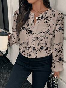 Reflora Plus Size Women Floral Print Crew Neck Long Sleeve Casual Elegant Shirt, Suitable For Spring & Autumn Chic Blouses For Women