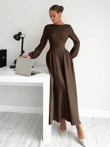 女式优雅纹理灯笼袖长裙，秋季 - 棕色 - 查看 4