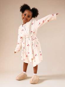 SUMWON Toddler Girls Lovely Cherry Print Hooded Bathrobe For Girls Cozy Long Sleeve Terry Robe With Tie Belt Soft Sleepwear Lounge-Wear,Christmas Pajamas,Kids Pajamas