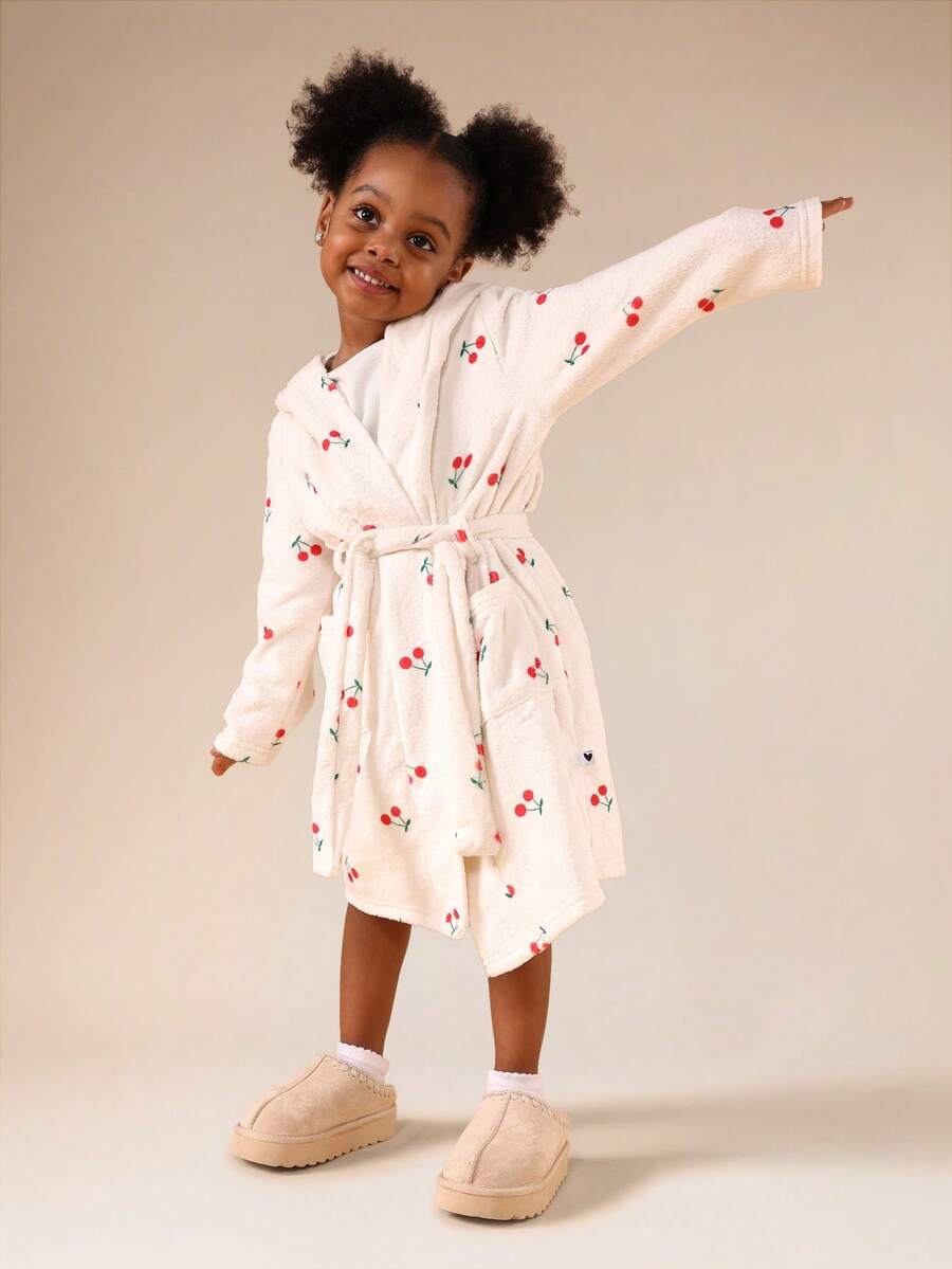 SUMWON Toddler Girls Lovely Cherry Print Hooded Bathrobe For Girls Cozy Long Sleeve Terry Robe With Tie Belt Soft Sleepwear Lounge-Wear,Christmas Pajamas,Kids Pajamas