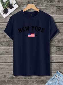 Manfinity Homme 男士休闲字母图案圆领短袖T恤，夏季 - 寶藍色 - 查看 2