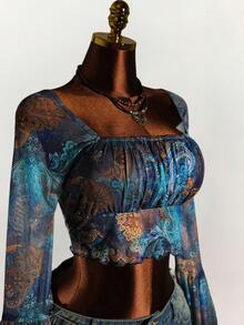 Amplova Vintage Graphic Print Low-Cut Waist Flared Sleeve Plus Size Women Top - Multicolor - View 5