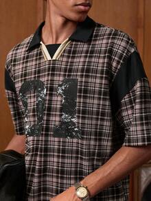 SWAVVY Standard Size Men's Fashion Plaid Patchwork Letter Print Polo Shirt - Brown - View 3