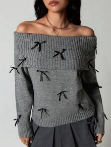 SHEIN TRNDY 1pc Women's Gray Sweater, Casual Bowknot Off Shoulder Ribbed Knit Pullover, Autumn/Winter - Dark Grey - View 3