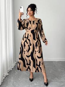 Elenzga Plus Size All-Over Print Elegant Long Sleeve Dress - Khaki - View 5