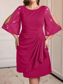 Reflora Plus Size Women Elegant Rhinestone Embellished Off-Shoulder Ruched Dress - Hot Pink - View 5