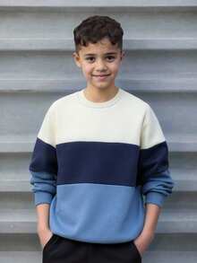 Mirajuku 1 件男童休闲拼色圆领套头衫，适合秋冬季上学、通勤、运动，可搭配夹克或背心