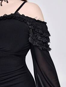 ROMWE Spring/Summer  Plus Size Gothic Vintage Ruffled Lace Flounce Hem Layered Dress, Retro Elegant Black Dress For Women, Plus Size Gothic Vintage Party Gown, Dark Elegant Gothic Plus Size Black Formal Dress, For Party  Valentine's Day - Black - View 8