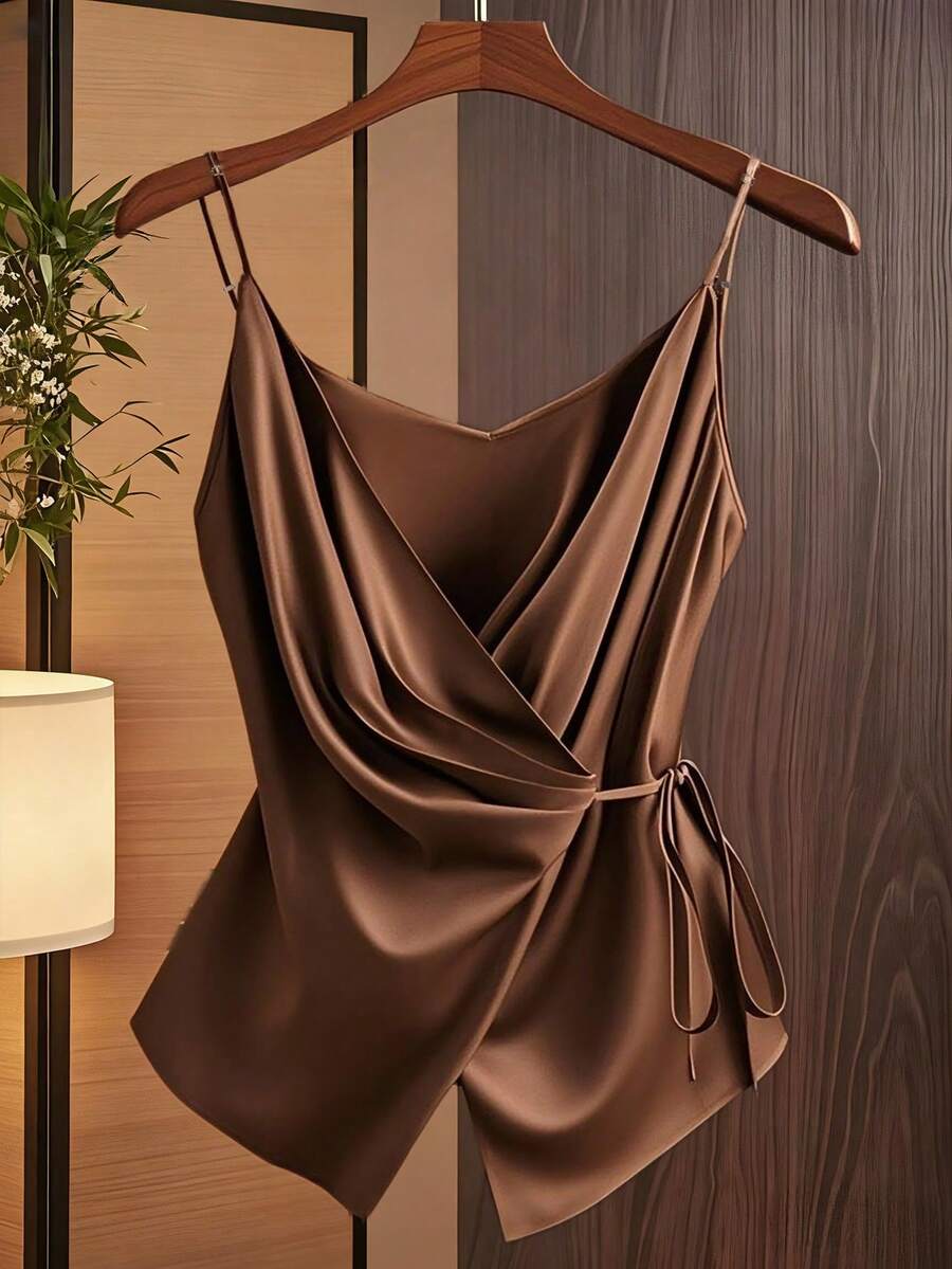 GlowEve 女士时尚休闲 V 领褶皱环绕式蝴蝶结腰带 A 字形吊带背心