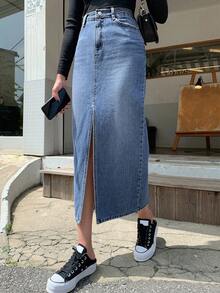 Dazy Tall 高个女式休闲牛仔半身裙，侧开衩设计，街头风 - 中等水洗藍 - 查看 10