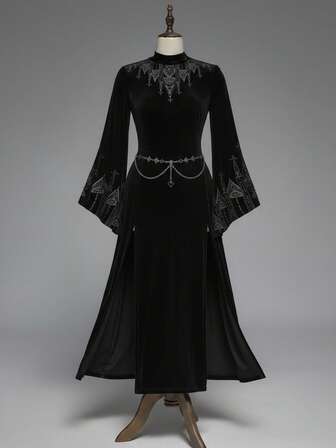 Goth Vestido de mujer de manga abullonada con abertura alta y bordado de castillo de estilo gótico y ajustado