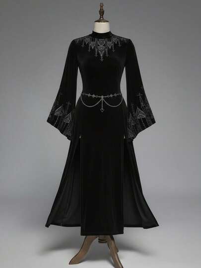 Goth فستان نسائي ذو أكمام واسعة مطرز بتصميم قلعة ذو شق عالي وقصة ضيقة بطراز جوثي