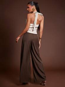 Hauture Pantalones largos de pierna ancha con envolvente fruncido sexy para la oficina de mujer - Marrón - Ver 5
