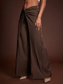Hauture Pantalones largos de pierna ancha con envolvente fruncido sexy para la oficina de mujer - Marrón - Ver 2