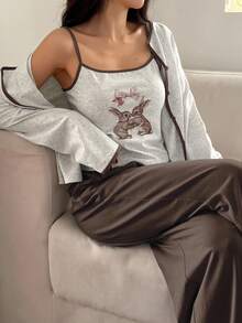 DAZY 3pcs Contrast Color Cute Rabbit Print Camisole Cardigan & Solid Color Pants Women Pajama Set - Brown - View 3