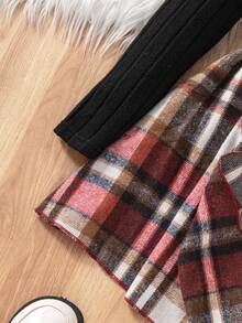 Sparklyn 3pcs Tween Girls Casual Plaid Lapel Vest With Belt + Ribbed Long Sleeve Leggings + Jacket Outfit Set - Multicolor - View 5