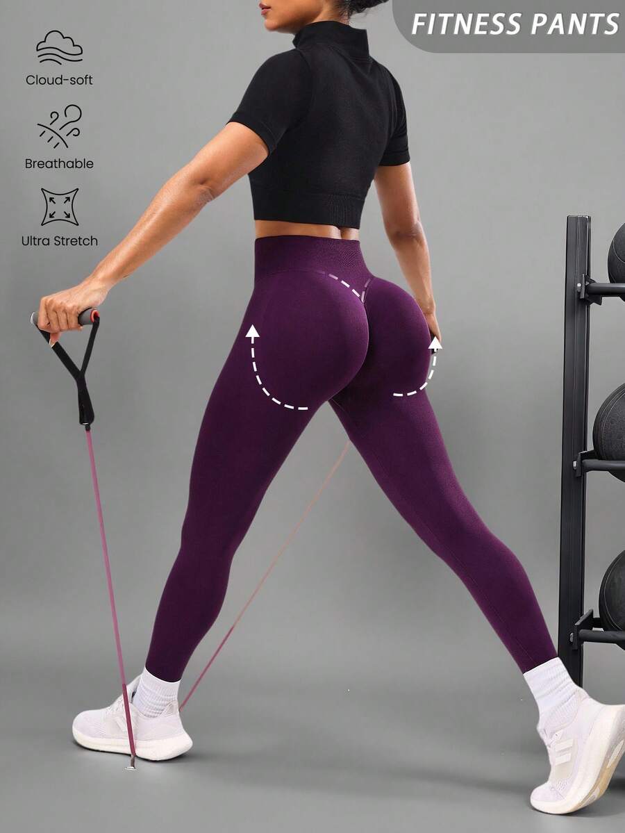 Seamluxe SHEIN Sport 纯色无缝瑜伽紧身裤，高腰健身跑步运动裤，女式运动服宽腰带 - 紫色 - 查看 1