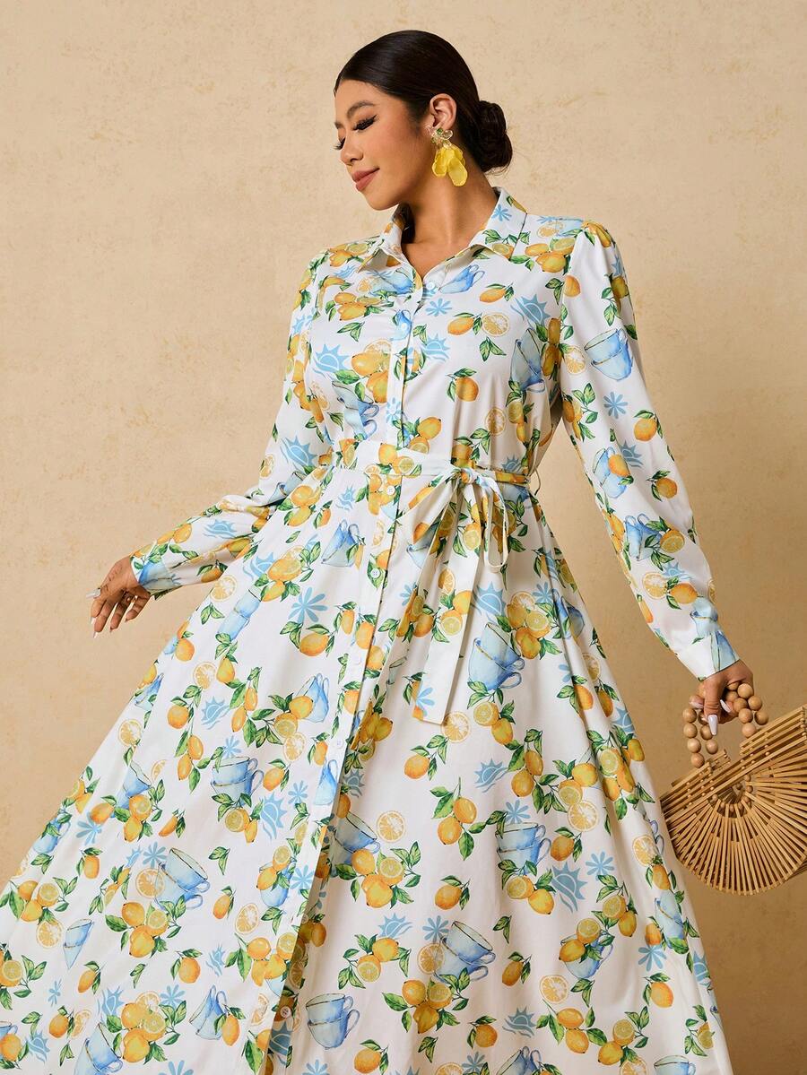 SHEIN VCAY Damen Große Größen Obst Muster Langarm Einreihiges Lässiges Hemdkleid - Beige - Übersicht 1