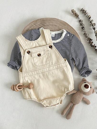 SHEIN 两件套男婴休闲可爱口袋设计连体衣和条纹长袖上衣，实用婴儿套装，适合秋冬季外出、度假、运动。