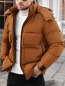 Manfinity Homme Men's Hooded Thickened Versatile Loose Casual Long Sleeve Padded Coat, Autumn/Winter - Coffee Brown - View 1