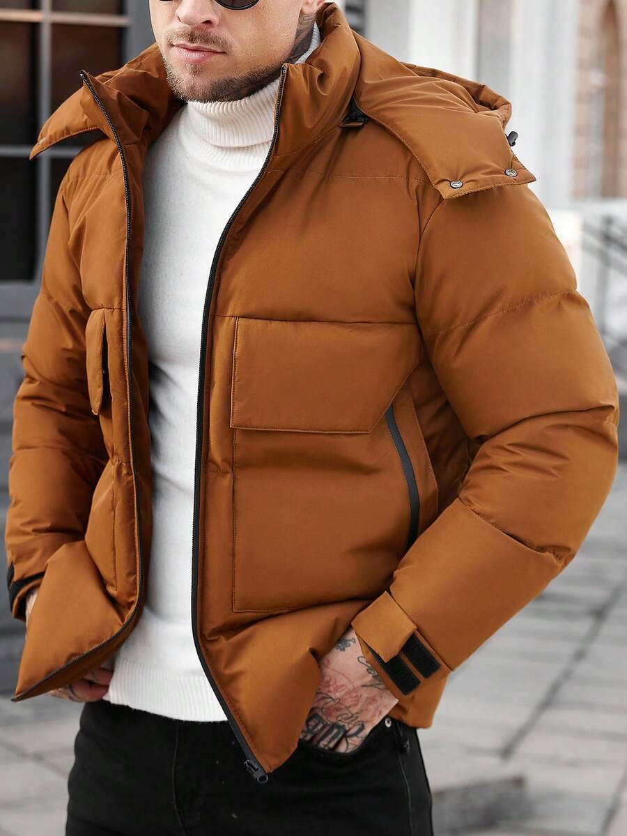 Manfinity Homme Men's Hooded Thickened Versatile Loose Casual Long Sleeve Padded Coat, Autumn/Winter - Coffee Brown - View 1